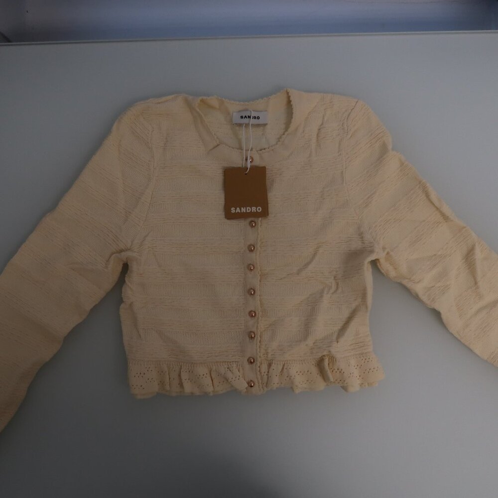 SANDRO NWT CREAM BUTTON DOWN SWEATER WITH GOLD BUTTONS RUFFLED